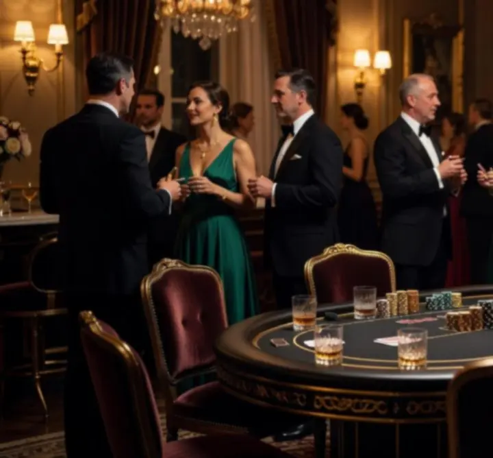 Luksusowa wieczorna atmosfera przy stole pokerowym z eleganckimi dodatkami