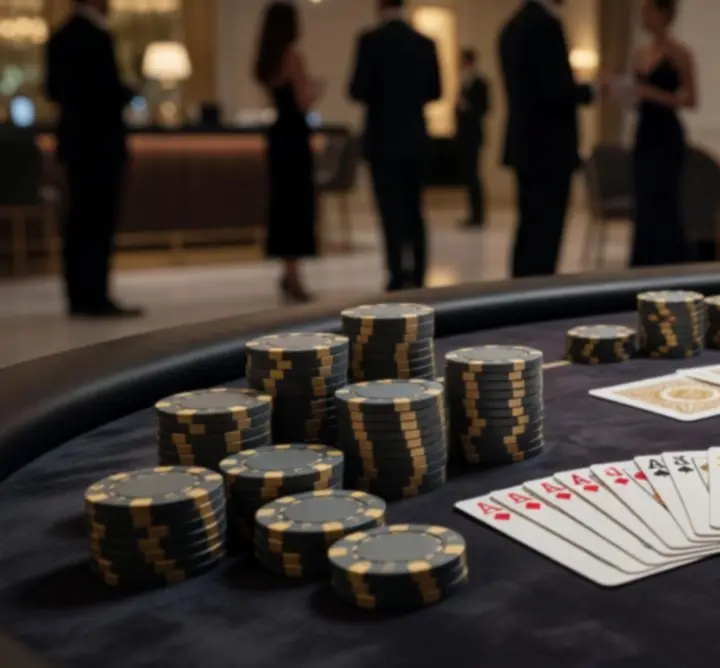 Klimatyczna aranżacja stołu pokerowego z dekoracjami w stylu kasyna
